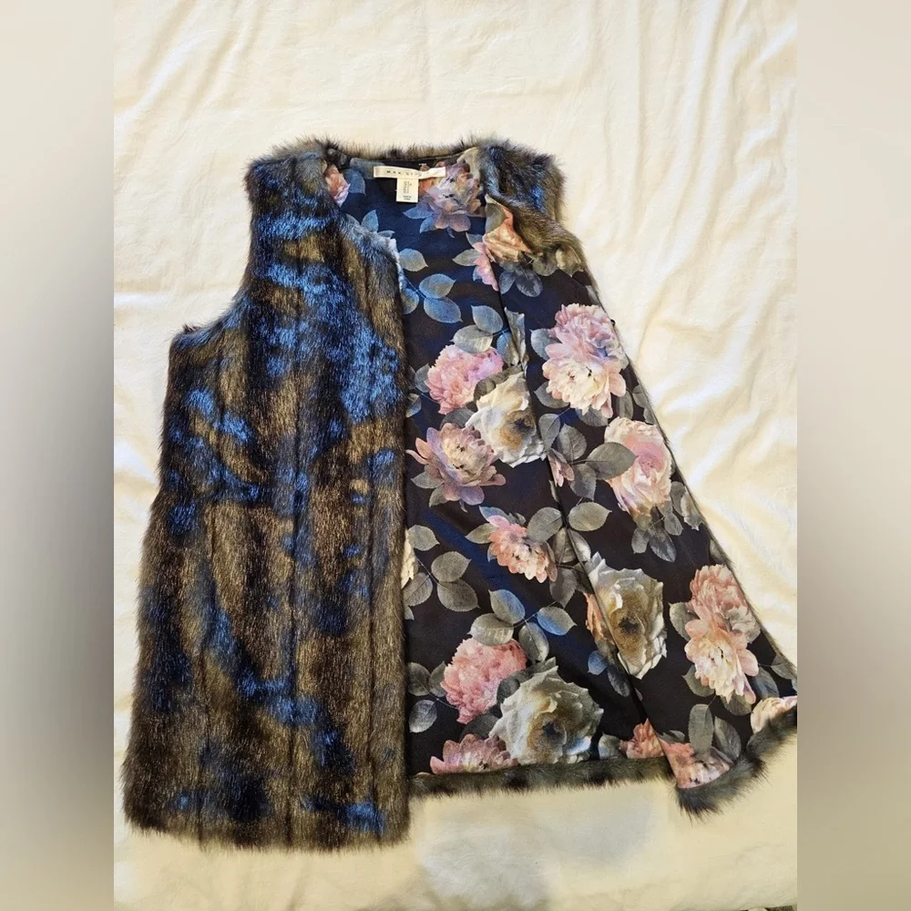 Max Studio Faux Fur Vest with Floral Lining - Picture 2 of 4